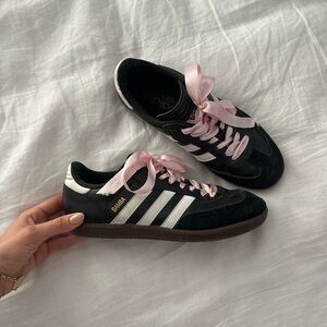 Adidas Women's Samba Black Sneakers with Pink Ribbon Laces